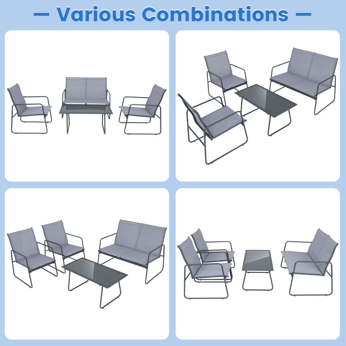 4 Piece Garden Patio Bistro Furniture Set with Loveseat, Coffee Table and 2 Chairs